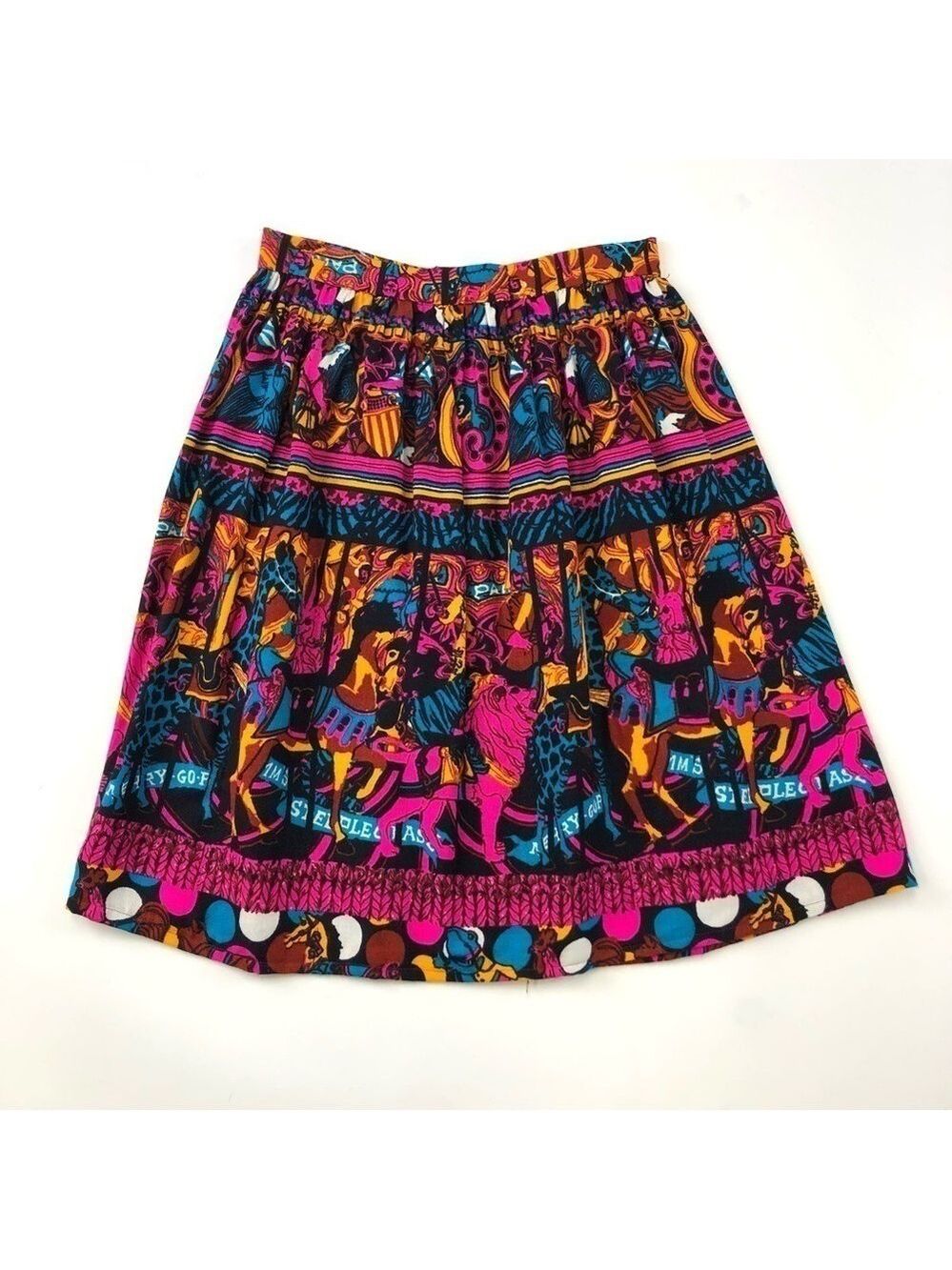 Vintage 70s skirt MOD black neon pink brights aline gathered waist  XS Retro